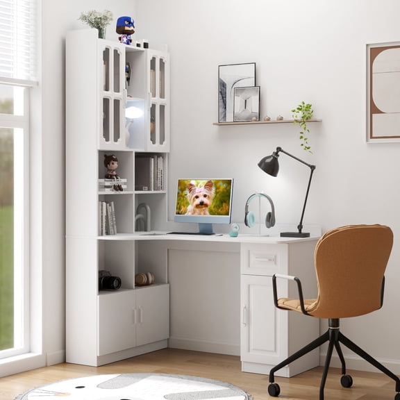 OUDOSPRS Modern L-Shaped Computer Desk for Home Office - Corner Computer Desk with Large Work Space, Study Table with Hutch & Storage for Office, Bedroom, Living Room, White