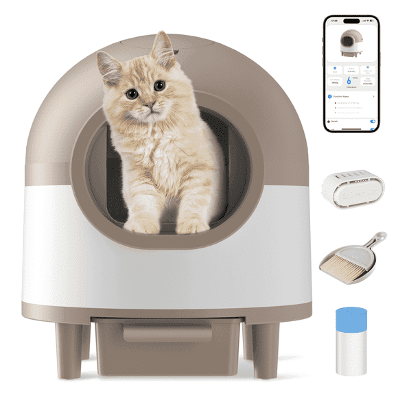 OUDOSPRS Self Cleaning Cat Litter Box, Large Capacity Automatic Litter Box w/ Liner, Dual Sensor Protection for Multi Cat, APP+ Panel Control, Odor Removal, Health Monitoring, Brown