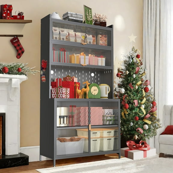 OUDOSPRS Tall Metal Pantry Cabinet, 73 Inch with 6-Level Flip Door & Pegboard, Adjustable Shelves for Kitchen/Dining Room, Grey (Anti-Tip)