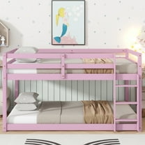 OUDOSPRS Twin Over Twin Floor Bunk Bed - Solid Rubber Wood with Ladder and Strengthened Slats, Pink