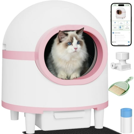 OUDOSPRS Self Cleaning Litter Box, Automatic Cat Litter Box Self Cleaning Large Capacity for Multiple Cats, App-Controlled with Safety Sensors,1 Rolls Garbage Bags,Pink