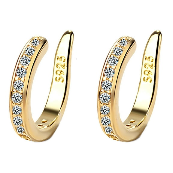 OUEPLLOZ Clearance 925 Sterling Silver 14K Gold Plated Cubic Zirconia Sparkling Round Huggie Ear Cuff Gold Earrings for Women | Clip On Cartilage(Gold,A)