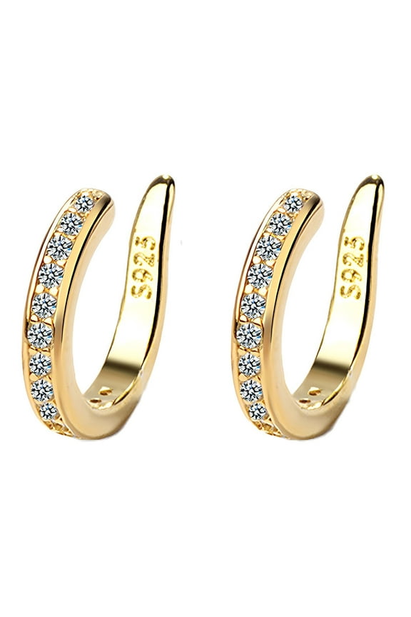 Clearance 925 Sterling Silver 14K Gold Plated Cubic Zirconia Sparkling Round Huggie Ear Cuff Gold Earrings for Women | Clip On Cartilage(Gold,A)
