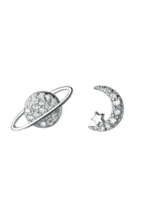 Clearance Solid 925 Sterling Silver Cz Moon Star Earrings Stud for Women Teens Moon Sun Studs Earrings Asymmetric(Silver,One Size)