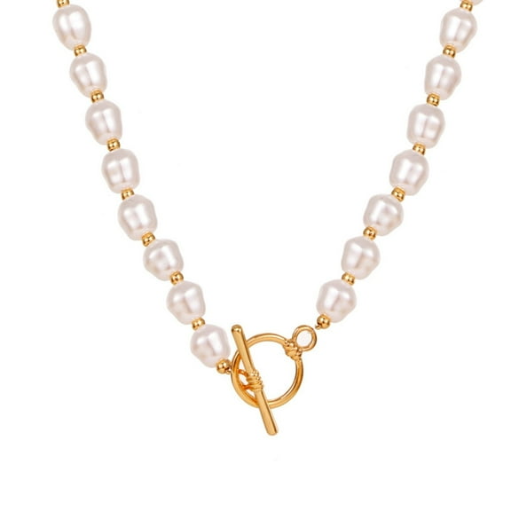 OUEPLLOZ Gold Pearl Necklace for Women, Chunky 18K Gold Plated Layered Pearl Necklaces Trendy Double Layered Pearl Choker Necklace Chain Pearl Necklace Gold Jewelry Birthday Gifts(AL,One Size)