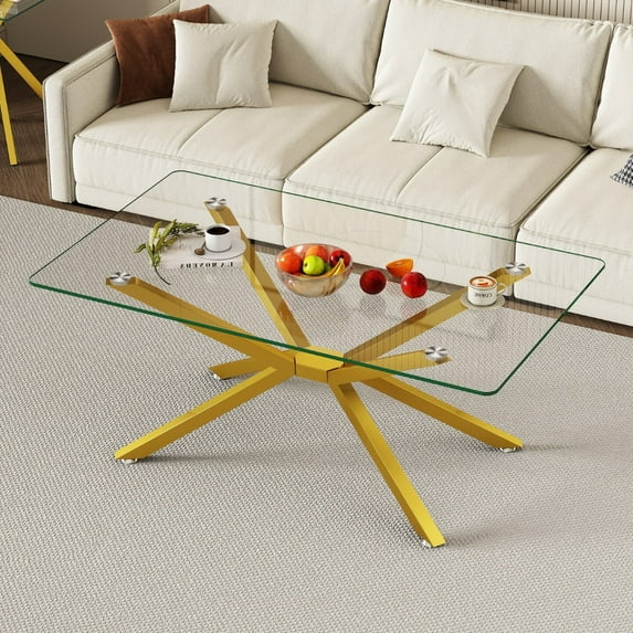 OUFAN 39.37" Rectangular Clear Tempered Glass Coffee Table, Stylish Design Black Metal Legs, Modern & Simple Center Table for Living Room, Golden