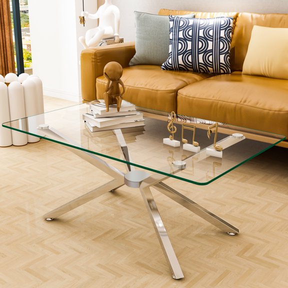 OUFAN 39.37" Rectangular Clear Tempered Glass Coffee Table, Stylish Design Black Metal Legs, Modern & Simple Center Table for Living Room, Silvery
