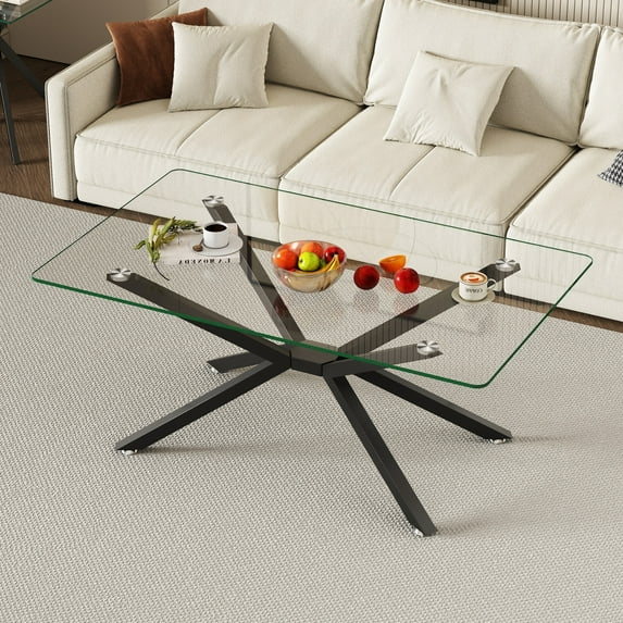 OUFAN 39.37" Rectangular Clear Tempered Glass Coffee Table, Stylish Design Black Metal Legs, Modern&Simple Center Table for Living Room,Transparent