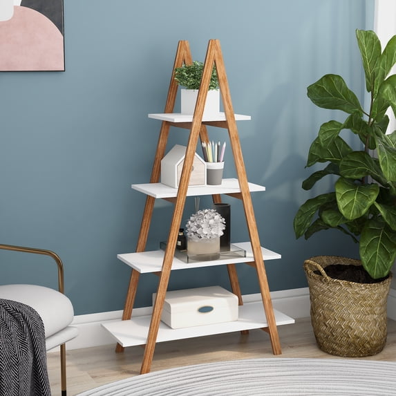 OUFAN 4-Tier Bookshelf, A-Shaped Bookcase, Wooden Ladder Open Display Shelves Book Storage Organizer, Storage Furniture for Home, Living Room,Office, Brown