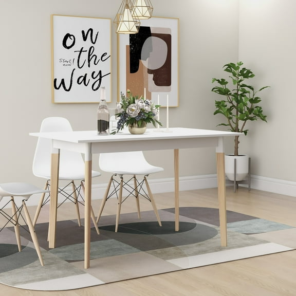 OUFAN 47" Modern Dining Table, Farmhouse Dining Table with Rectangular Top & Solid Wood Legs, Leisure Coffee Table for Kitchen, Dining Room, White