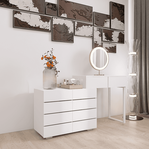 OUFAN Dresser for Bedroom, Dresser Table with 10 Drawers, Wooden Chest of Drawers with Extendable Desktop, Vanity Desk for Bedroom, White