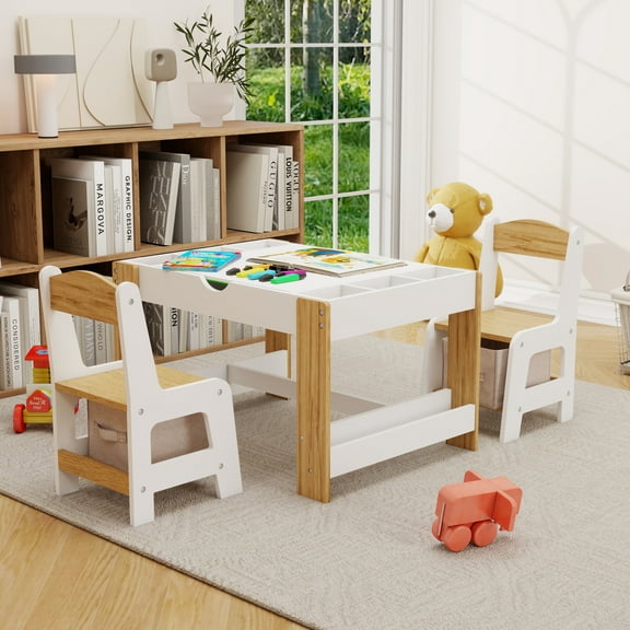 OUFAN Kids 2 in 1 Play Table and 2 Chair Set with 7 Storage Compartments & Built in Plate Compatible, Modern Activity Learning Table Furniture, White