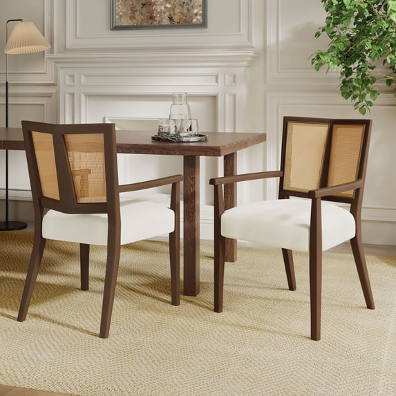 OUFAN Rattan Dining Chair With Arms, Farmhouse Side Chair with Upholstered, Kitchen Chairs with Vintage Rattan Backrest, Side Chair for Dining Room, Beige + Brown