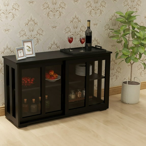 OUFAN Sideboard , uffet Storage Cabinet with Sliding Glass Doors, Liquor Curio Cabinet with Shelf, Cupboard Console Table for Kitchen, Dining Room, Black