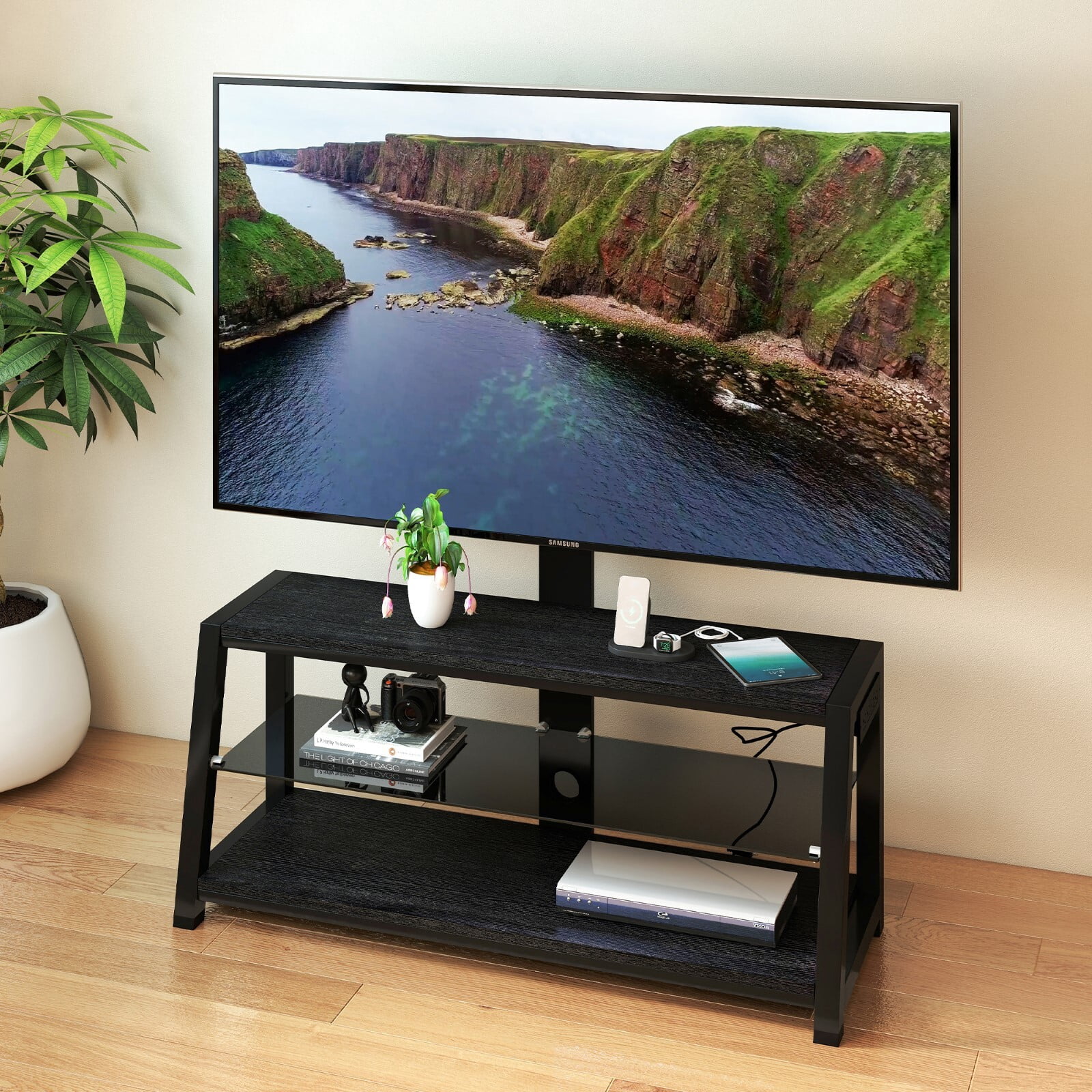 OUFAN TV Stand for TVs up to 65 Inch, Entertainment Center with Open Storage Shelves, TV Media Console Table for Living Room, Bedroom, Black