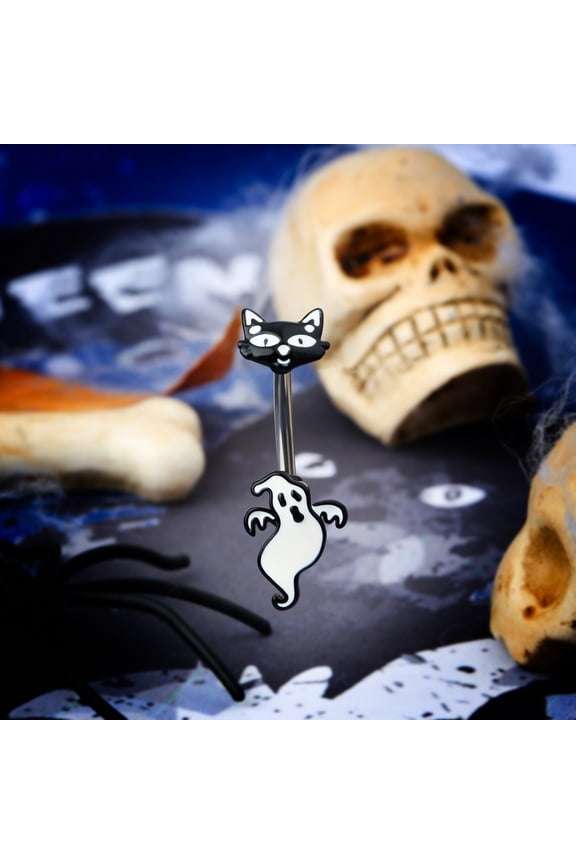 14G Halloween Navel Rings Ghost Black Cat 316L Surgical Steel Belly Button Rings Navel Piercing Unisex Jewelry Gifts