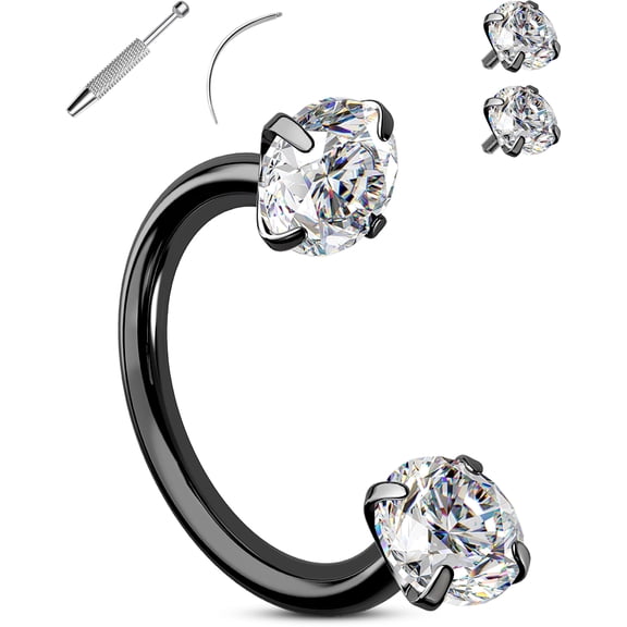 OUFER 16G Black Cartilage Earring Double CZ Lip Studs Internally Threaded Daith Earring 316L Stainless Steel Helix Piercing Jewelry with Piercing Ball Grabber Guidance Needle 8MM