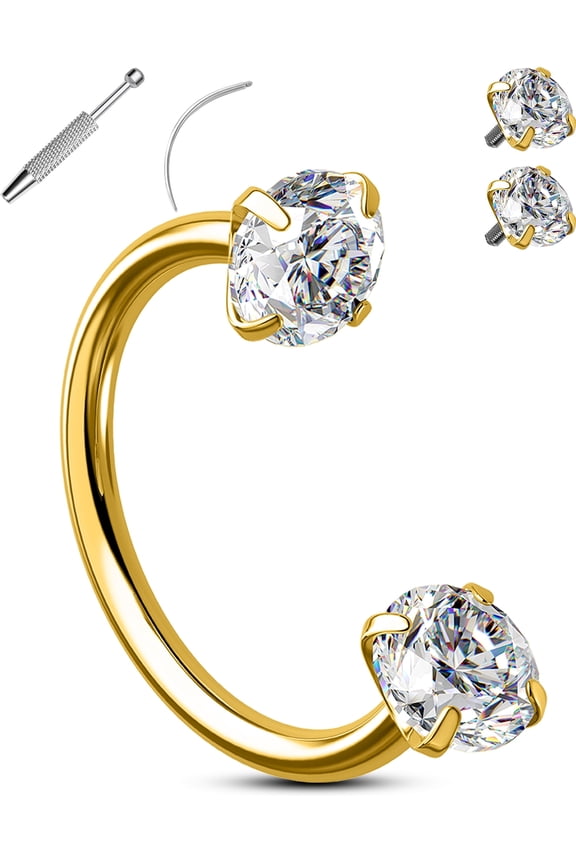 16G Gold Cartilage Earring Double CZ Labret Stud Internally Threaded Daith Earring 316L Stainless Steel Lip Helix Piercing Jewelry with Piercing Ball Grabber Guidance Needle 8MM