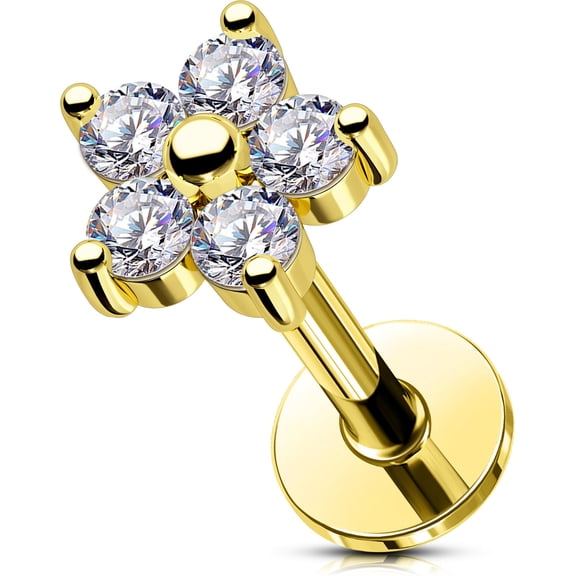 OUFER 16G Gold Helix Stud Internally Threaded Flower Tragus Earring Lip Jewellery Stainless Steel 316L Cartilage Earring Clear CZ Flat Back Earring for Women 6mm