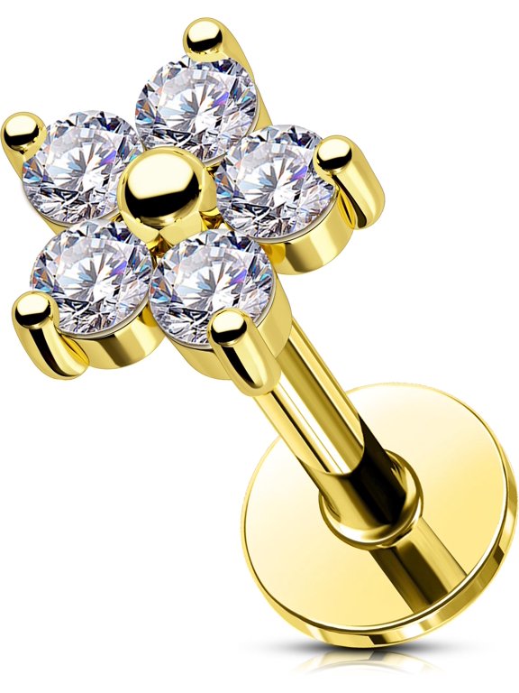 16G Gold Helix Stud Internally Threaded Flower Tragus Earring Lip Jewellery Stainless Steel 316L Cartilage Earring Clear CZ Flat Back Earring for Women 6mm