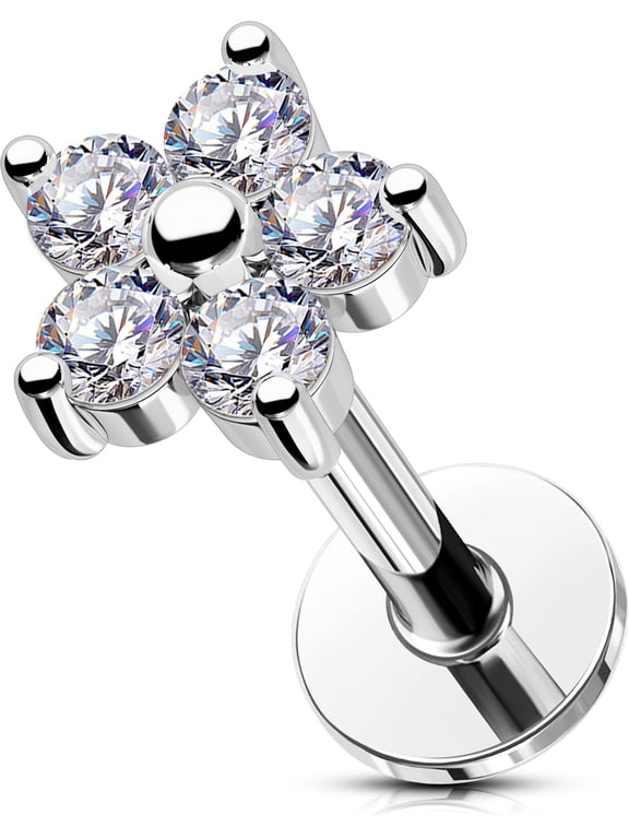 16G Helix Stud Internally Threaded Flower Tragus Earring Lip Jewellery Stainless Steel 316L Cartilage Earring Clear CZ Flat Back Earring for Women 6mm