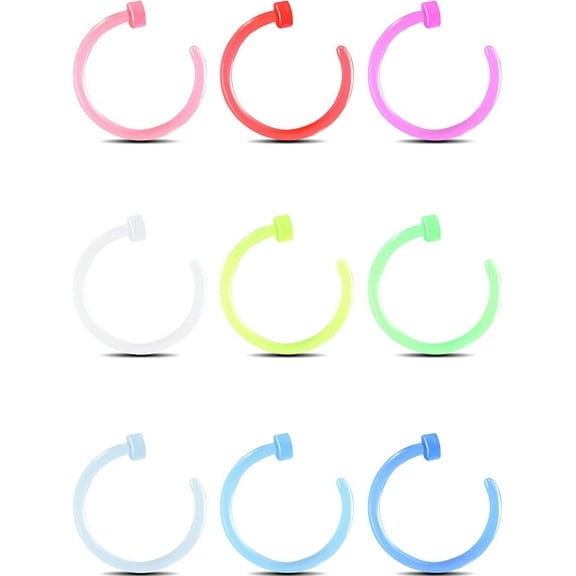 OUFER 20G Bioflex Acrylic Neon Nose Ring Hoops Clear Retainers, (9 Count)