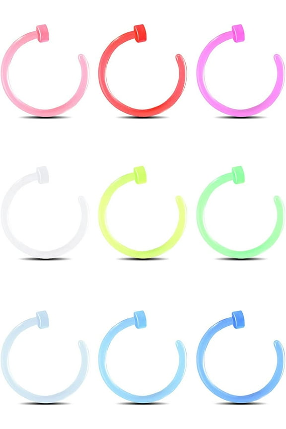 20G Bioflex Acrylic Neon Nose Ring Hoops Clear Retainers, (9 Count)