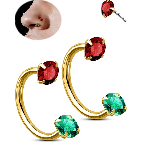OUFER 2PCS Gold Horseshoe Nose Rings Christmas Threadless Nose Rings Double CZ Horseshoe Septum Hoop 20G Lip Eyebrow Piercing Jewelry 316L Stainless Steel Helix Earrings