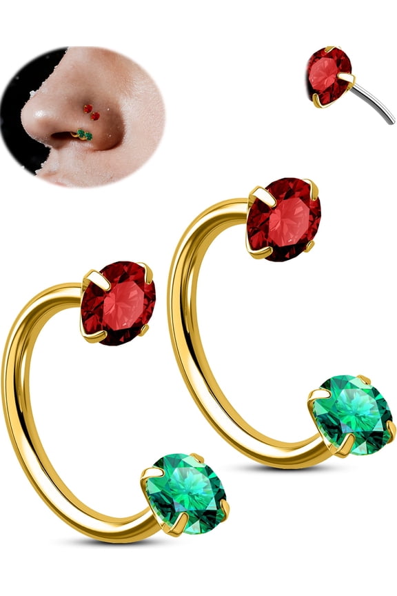 2PCS Gold Horseshoe Nose Rings Christmas Threadless Nose Rings Double CZ Horseshoe Septum Hoop 20G Lip Eyebrow Piercing Jewelry 316L Stainless Steel Helix Earrings