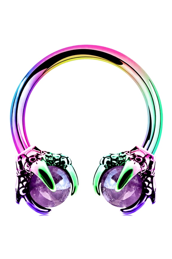 316L Surgical Steel Captive Bead Rings Circular Earrings Two Amethyst Opals Surrounded by Dragon Claws Cartilage Earing Ear Body Piercing Jewelry Helix Earrings Piercing Horseshoe Rings