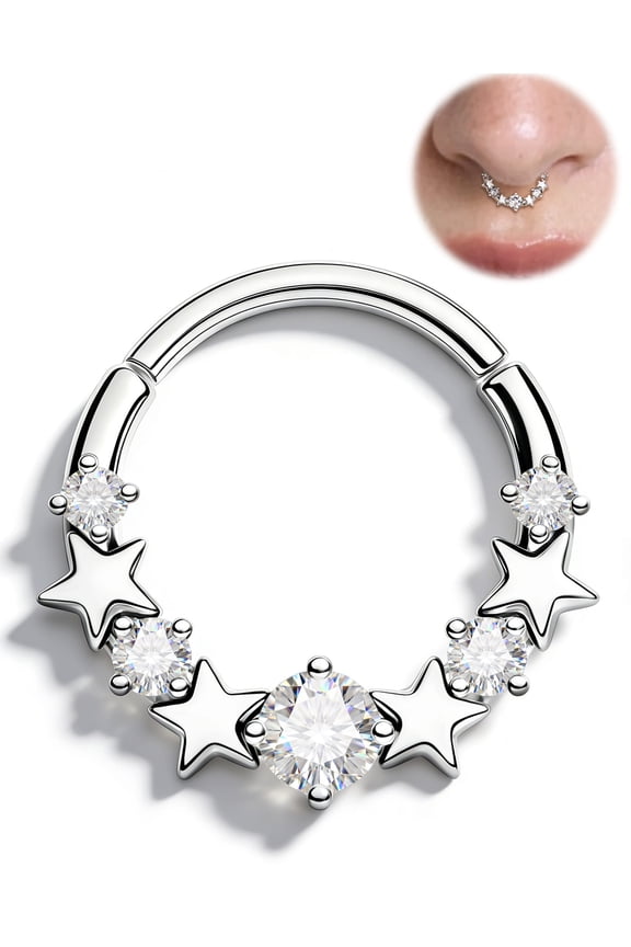 316L Surgical Steel Nose Rings Cubic Zircon Star Septum Jewelry Hinged Segment Clicker Daith Tragus Earrings Helix Piercing Jewelry Earrings for Women 10MM