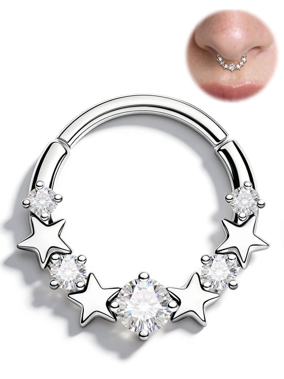 316L Surgical Steel Nose Rings Cubic Zircon Star Septum Jewelry Hinged Segment Clicker Daith Tragus Earrings Helix Piercing Jewelry for Women 8MM