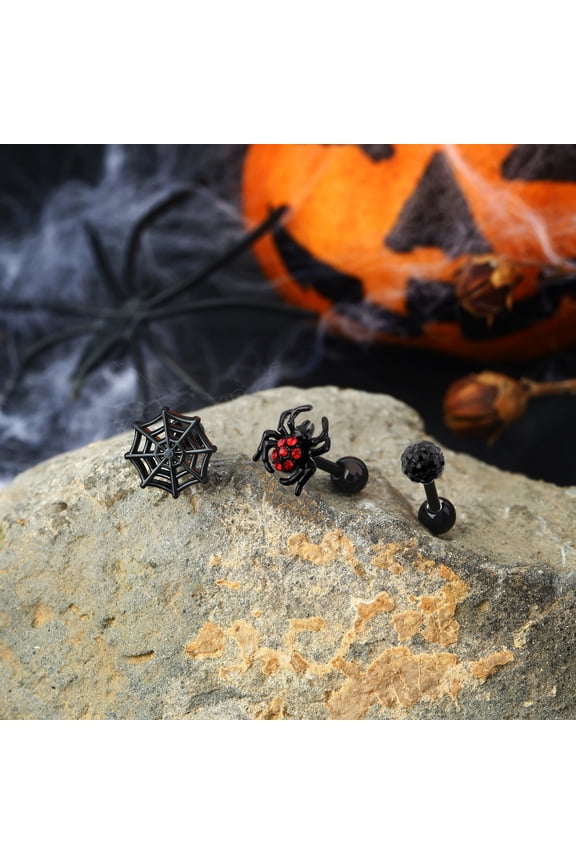 3PCS Helix Earrings Spider Halloween Cartilage Tragus Set Spider Web Conch Piercing Jewelry Black Red Gem Tragus Studs