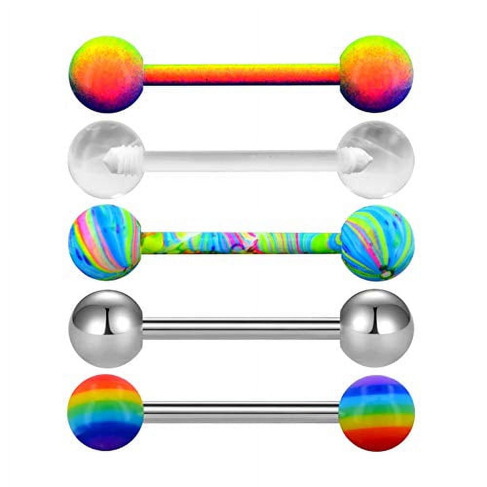 OUFER 5PCS 14G Stainless Steel Tongue Rings Barbell Rainbow Colorful