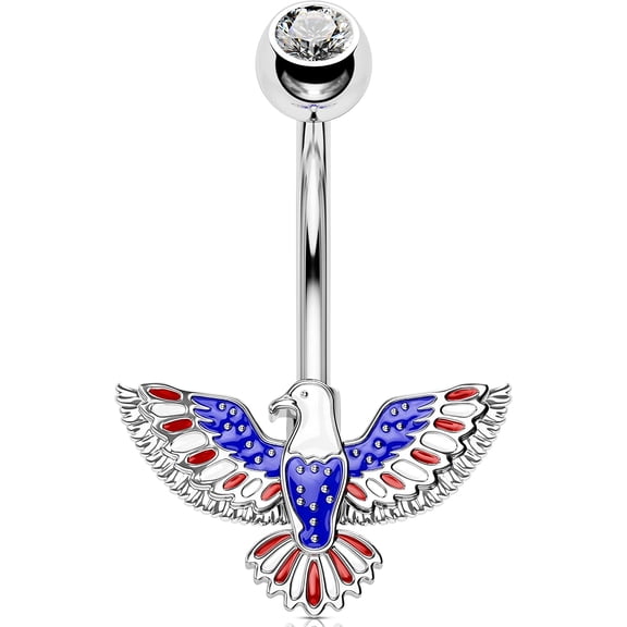 OUFER American Flag Belly Button Rings, USA Navel Rings, 14G 316L Surgical Steel Belly Rings, Navel Piercing Jewelry, Curved Barbell-Silver Eagle