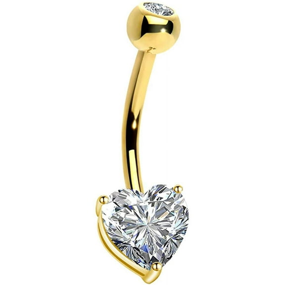 OUFER Belly Navel Rings 14K Solid White Gold Belly Button Rings Heart Solitaire Cubic Zirconia Belly Button Rings Navel Rings Body Piercing Jewelry（Yellow Gold）