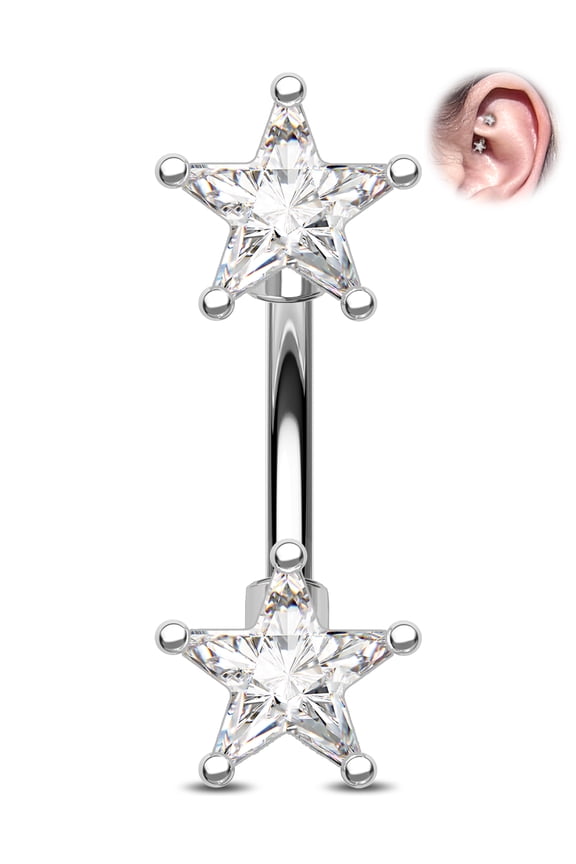 CZ Rook Earring Double-Ended Star Eyebrow Ring 316L Stainless Steel Rook Piercing Bar 16G Lobe Jewellery Curved Barbell 6mm