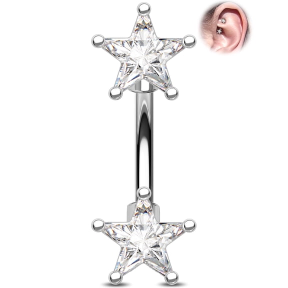 OUFER CZ Rook Earring Double-Ended Star Eyebrow Ring 316L Stainless Steel Rook Piercing Bar 16G Lobe Jewellery Curved Barbell 6mm
