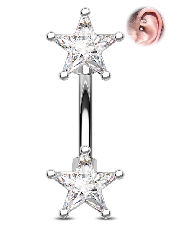 CZ Rook Earring Double-Ended Star Eyebrow Ring 316L Stainless Steel Rook Piercing Bar 16G Lobe Jewellery Curved Barbell 6mm