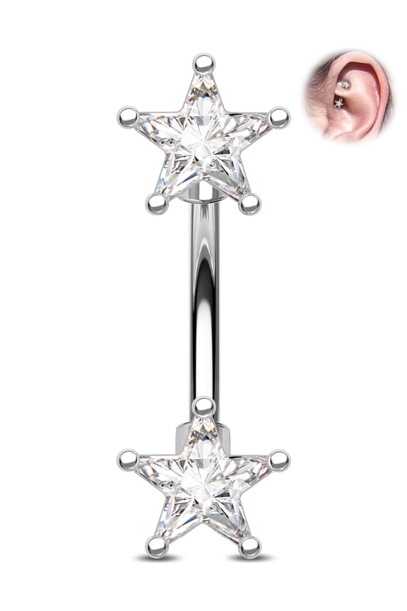 CZ Rook Earring Double-Ended Star Eyebrow Ring 316L Stainless Steel Rook Piercing Bar 16G Lobe Jewellery Curved Barbell 8mm