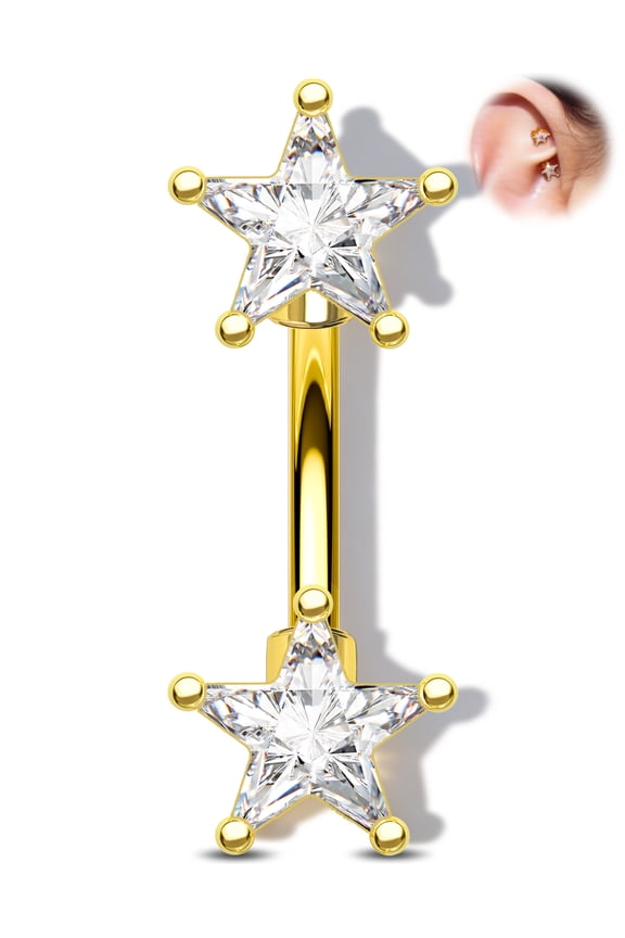 CZ Rook Earring Double-Ended Star Eyebrow Ring 316L Stainless Steel Rook Piercing Bar 16G Lobe Jewellery Gold Curved Barbell 6mm