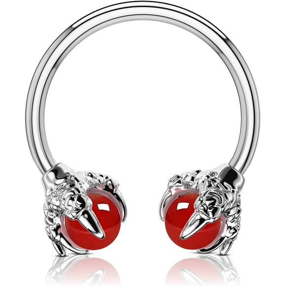 OUFER Circular Earring, Septum Ring, 316L Surgical Steel, Red Onyx Opals, Dragon Claws Cartilage, Non-Allergic Body Piercing, Helix Jewelry (Steel Red Onyx)