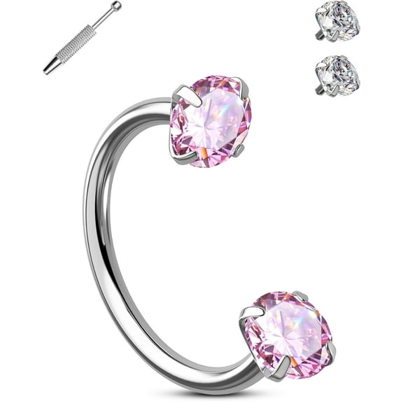 OUFER Double Cubic Zirconia Nose Rings Internally Threaded Septum Rings 20G Horseshoe Nose Studs 316L Stainless Steel Lip Eyebrow Helix Nostrial Piercing Jewelry with Piercing Ball Grabber