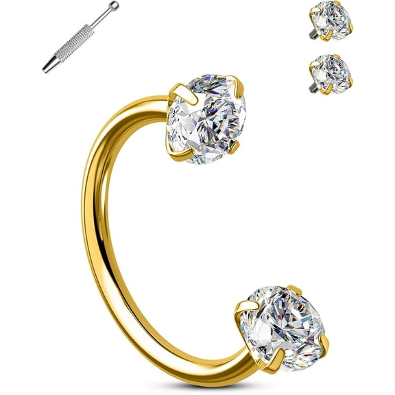 OUFER Double Cubic Zirconia Nose Rings Internally Threaded Septum Rings 20G Horseshoe Nose Studs 316L Stainless Steel Lip Eyebrow Helix Nostrial Piercing Jewelry with Piercing Ball Grabber