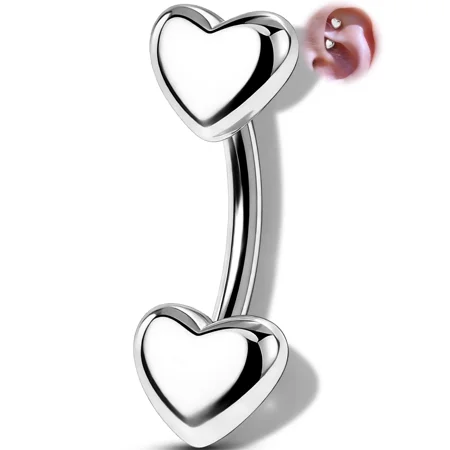 OUFER Double Heart Rook Earring 316L Surgical Steel Eyebrow Piercing Jewelry Double-Ended Rook Earring for Women Men Helix Lobe Earring 6mm