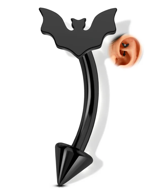 G23 Titanium Rook Earring Halloween Bat Eyebrow Piercing Jewelry Internal Thread Curved Barbell Black Vertical Labret Lip Stud 8mm