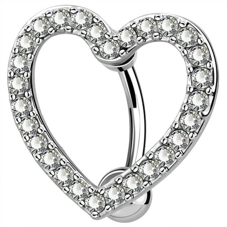 OUFER Heart Belly Button Rings Pave CZ Crystal Top Down Belly Rings 14G Surgical Steel Navel Piercing Jewelry(steel)