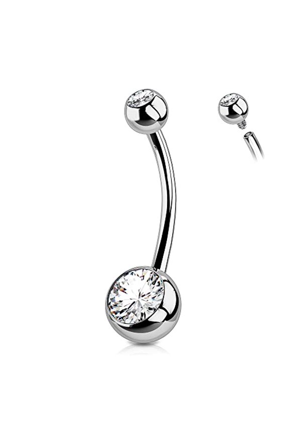 TITANIUM BELLY BUTTON RINGS, BELLY RING, ROUND CZ NAVEL - SILVER