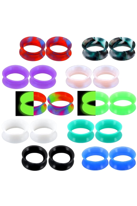 Tunnel Multicolor Silicone Ear Gauge Piercing, 0.4", 20 Pieces