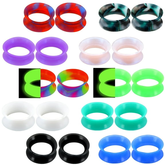 OUFER Tunnel Multicolor Silicone Ear Gauge Piercing, 0.4", 20 Pieces